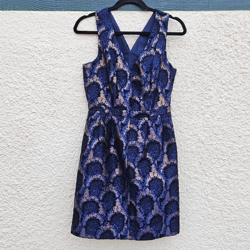 NWT J. Crew Factory Peacock Jacquard metallic dress blue black copper pockets 2